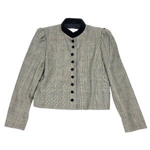 Saks Fifth Avenue Wool Blazer Jacket Womens 12 Gray Black High Neck Velvet Plaid